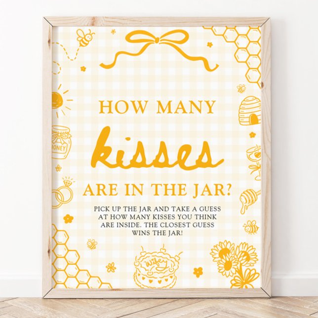 Poster Mel Abeja de Xadrez Amarelo Adivinhe Quantos Beijo (Yellow Gingham Honey Bee Guess How Many Kisses Game Sign)