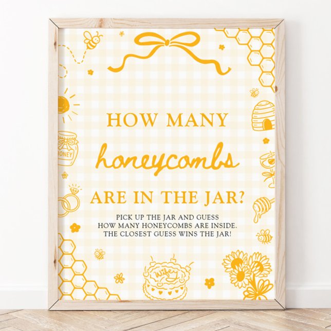 Poster Mel Abeja Xadrez Amarela Adivinhe Quantos Mel é Pr (Yellow Gingham Honey Bee Guess How Many Honeycombs Game Sign)