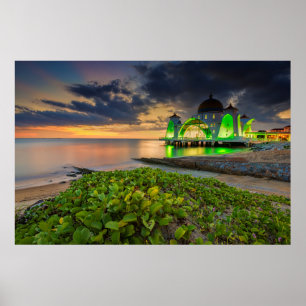 Poster Melaka durante o por do sol Masjid Selat
