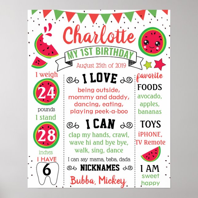 Poster Melancia 1 num cartaz de Aniversário de Melão (Frente)