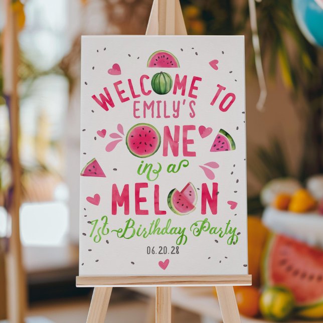Pôster Melancia rosa, um em um sinal de boas-vindas (pink one in a melon, girl summer 1st birthday welcome sign, birthday party decor.)