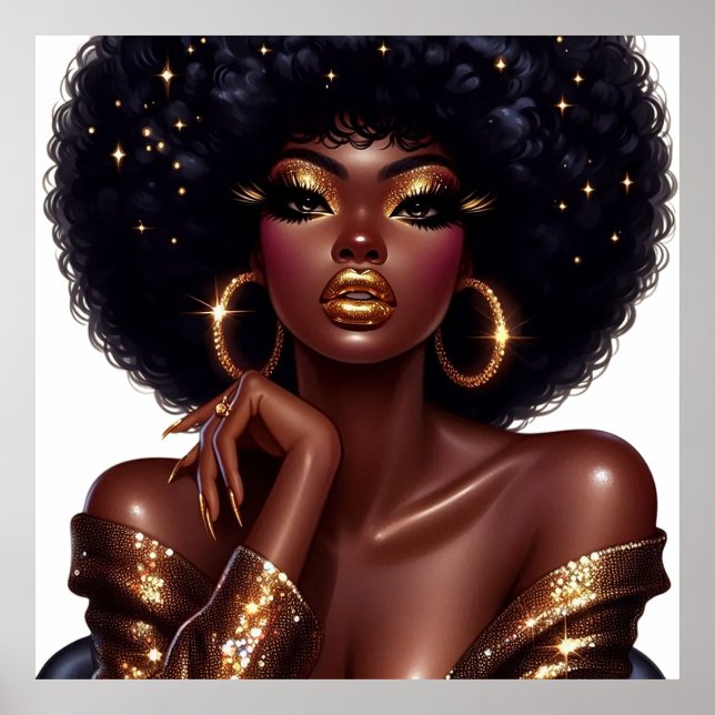Poster Melanin Chic Afro Beauty com Dourados Acentos de V (Frente)