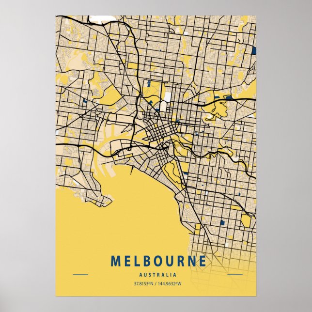Poster Melbourne - Mapa da cidade amarela australiana (Frente)