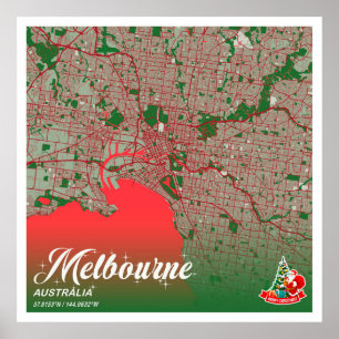 Poster Melbourne - Mapa da Cidade de Cores de Natal na Au
