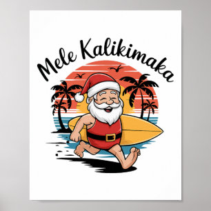 Poster Mele Kalikimaka Papai Noel Surfista Retro Havaiano