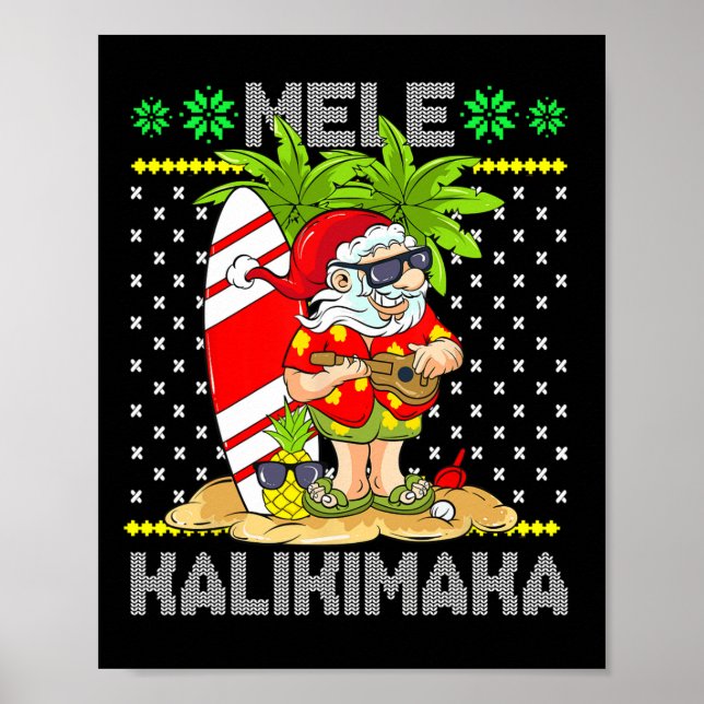 Poster Mele Kalikimaka Santa Claus Surfer Guitar Havaiano (Frente)