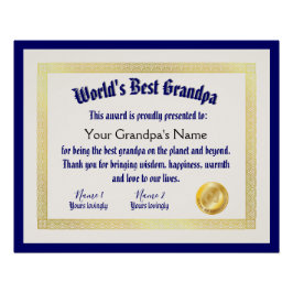 Pôster Melhor Certificado de Avô do Mundo Engraçado Moder