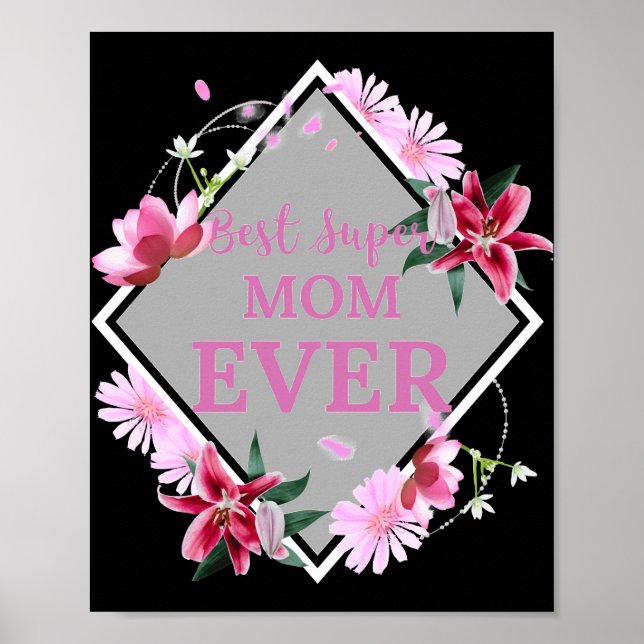 Poster Melhor Super Mãe Texto Rosa Com Flores Vermelhas (Frente)