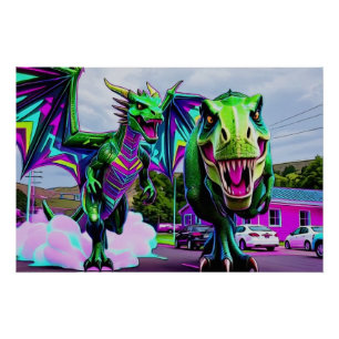 Pôster Melhores Amigos - Dragão e Dinossauro Caminhando