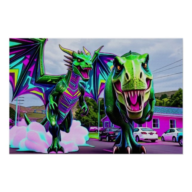 Pôster Melhores Amigos - Dragão e Dinossauro Caminhando (Frente)