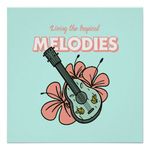 Pôster Melodias Tropicais Ukulele Arte Floral