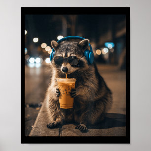 Poster Meme de animal engraçado guaxinim bebendo café gel