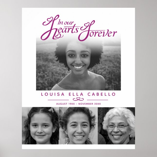 Poster Memorial em fotos de corações violeta funerária (Frente)