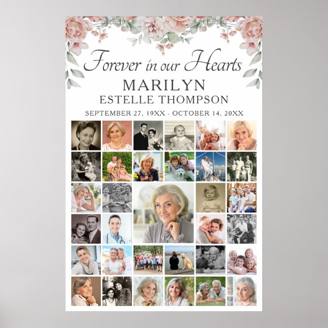 Poster Memorial Floral Rosa Corações Eternos 33 Foto (Frente)