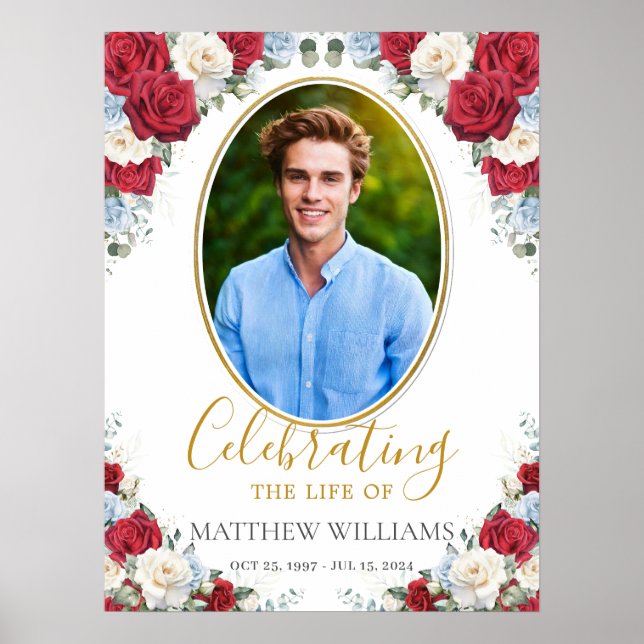 Poster Memorial Funeral Azul Branco Vermelho Imagem Flora (Frente)