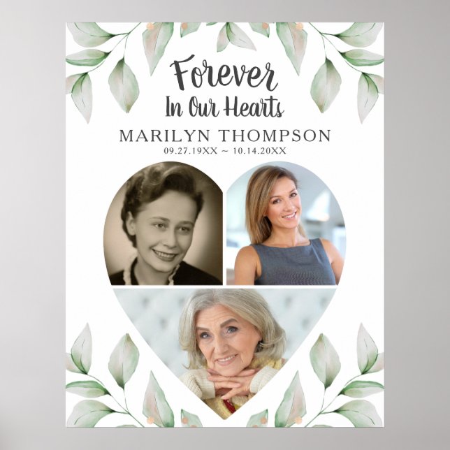 Poster Memorial Heart Shaped 3 Fotos Greenery (Frente)