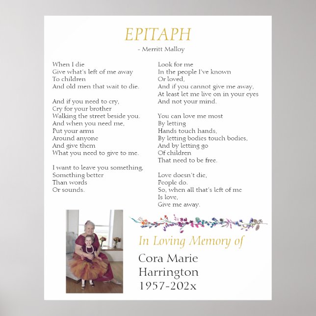 Poster Memorial Personalizado do Poem do Epitaph (Frente)