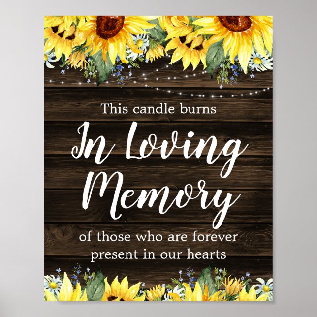 Poster Memorial Rustic Sunflower String Luzes Casamento (Frente)