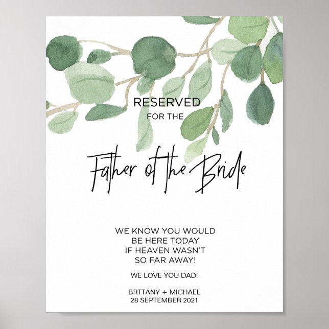Poster Memorial Sinal para Pai dos Casamentos da Noiva (Frente)