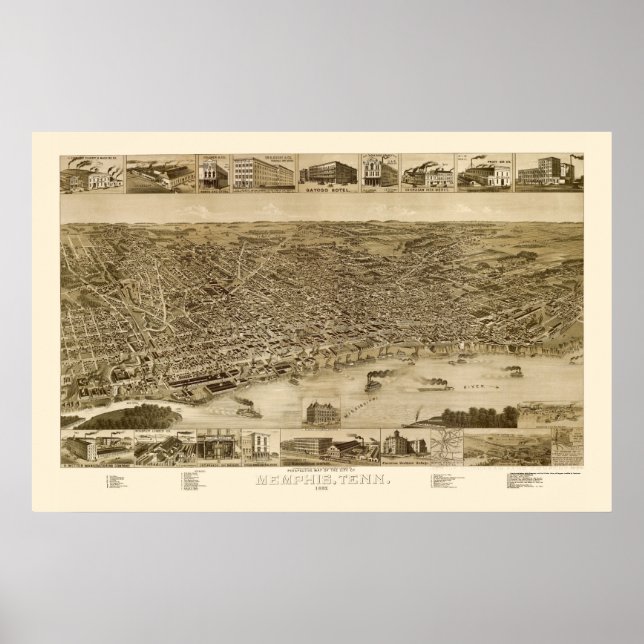 Pôster Memphis, Mapa Panorâmico TN - 1887 (Frente)