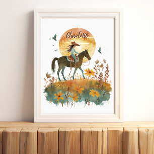 Poster Menina a Cavalo Pôr do Sol Nome Personalizado