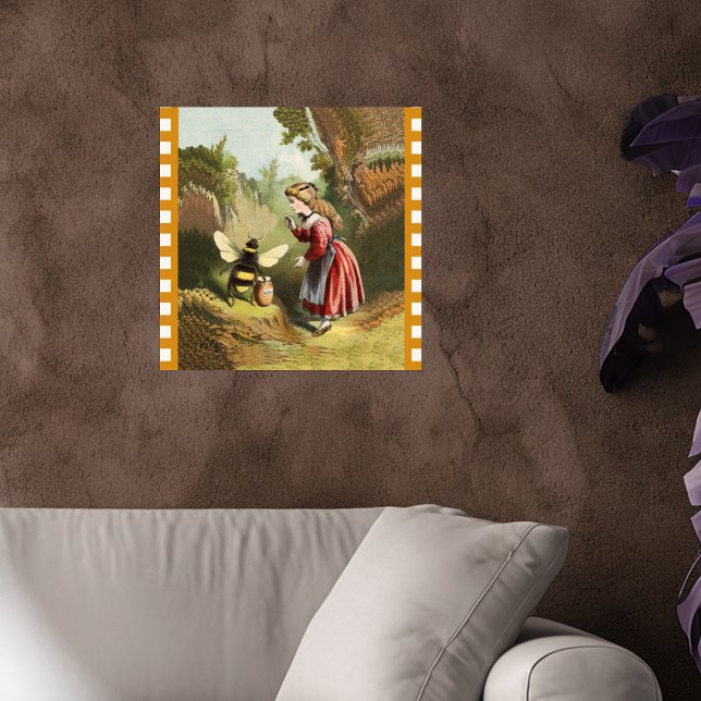 Pôster Menina Abelha Vintage Pote de Mel (Victorian girl in woods talking to bee guarding his pot of honey checkered border on wall poster.)