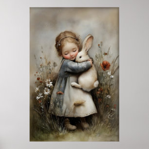 Poster Menina Abraça Coelho Imprimível, Coelho Rústico