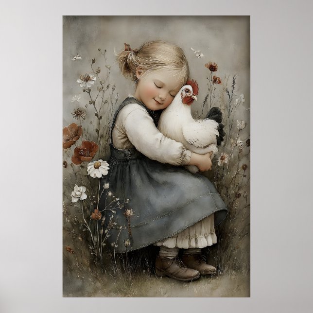 Poster Menina Abraça Frango Imprimível, Galo Rústico (Frente)