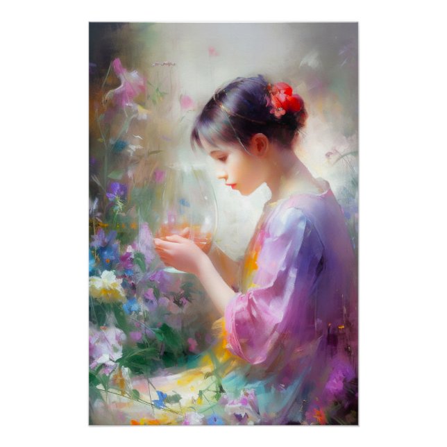 Pôster Menina admirando uma flor em suas mãos  (Frente)