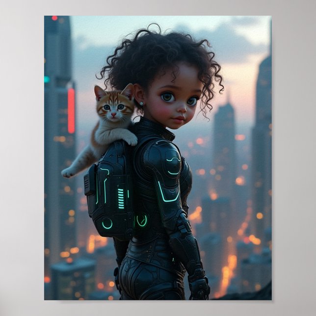 Poster Menina adorável com seu gatinho (Frente)