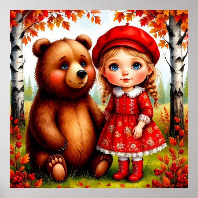 Poster Menina Adorável e Urso em Floresta Caprichosa (Frente)