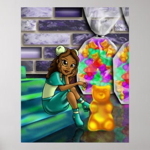 Poster Menina Afro-Americana e Ursinhos de Goma