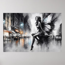 Poster Menina alada mística, negra e branca, urbana