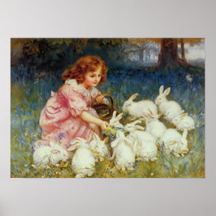 Poster Menina alimentando coelhos brancos
