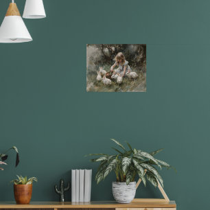Poster Menina alimentando coelhos brancos impressionista