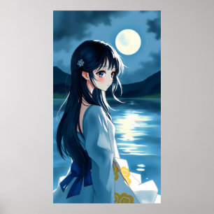 Poster menina animada com lago lua e pincelada fluida