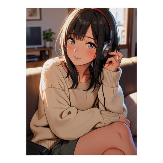 Pôster Menina Anime Fones de Ouvido Música Estética Arte