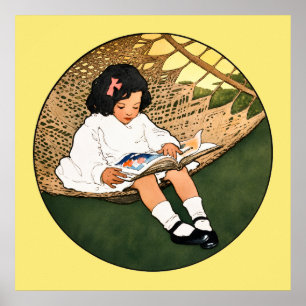 Poster Menina Antiga Lendo em uma Rede 