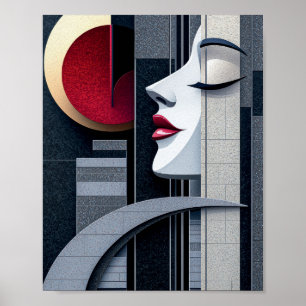 Poster Menina Art Deco Perfil Elegância Geométrica