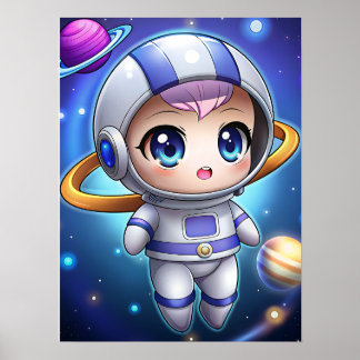 Poster Menina Astronauta Chibi Fofa Exploradora Espacial