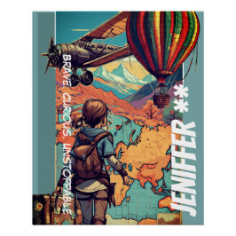 Pôster Menina Aventureira, Tema de Viagem Personalizado