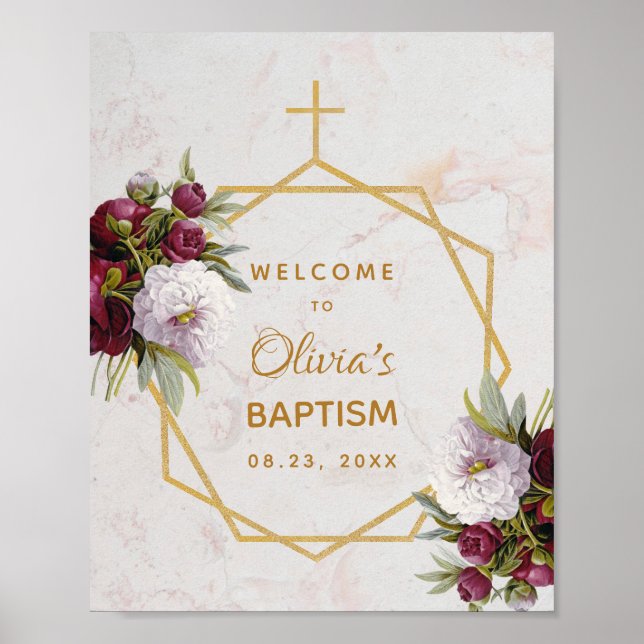 Poster Menina Baptism Burgundy Peondy Marble Boas-vindas (Frente)