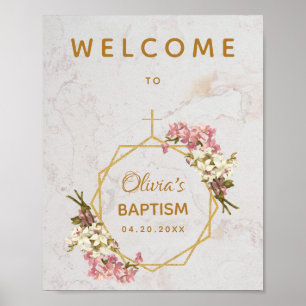 Poster Menina Batismo Floral Mármore Ouro Orquídeas Bem-v