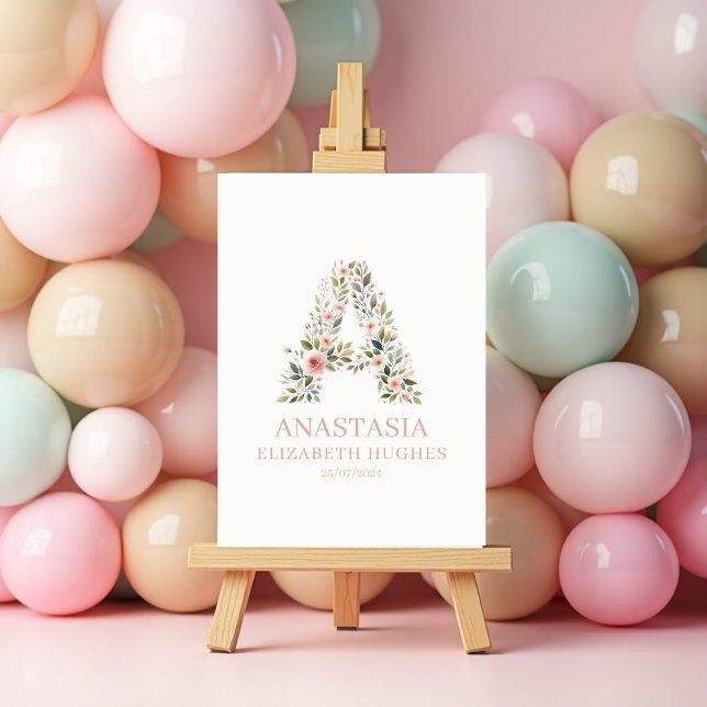 Poster Menina Bebê Floral Nome Personalizado e Data de Na (Baby Girl Floral Personalised Name and Birthdate Poster )