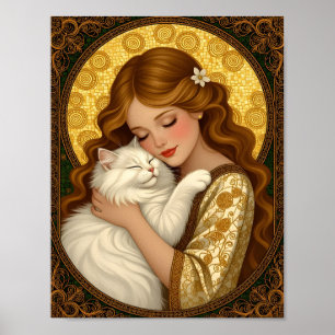 Poster Menina Bonita Abraça Gato Branco Fofinho Art Nouve