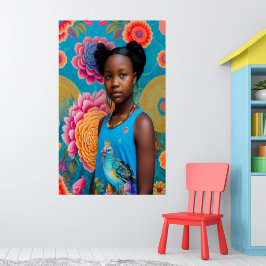 Poster Menina bonita com tanque de pássaros no topo