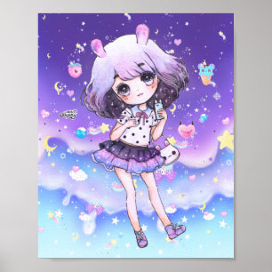 Pôster Menina bonita de chibi na galáxia pastel de kawaii