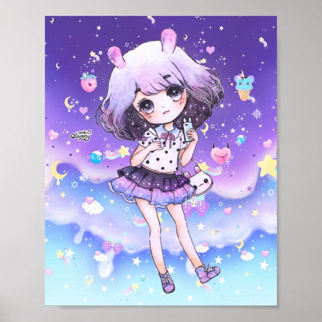 Pôster Menina bonita de chibi na galáxia pastel de kawaii (Frente)