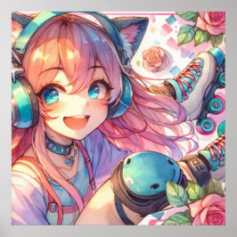 Poster Menina bonito de animação em skates