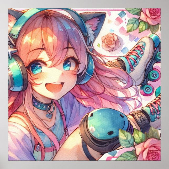 Poster Menina bonito de animação em skates (Frente)